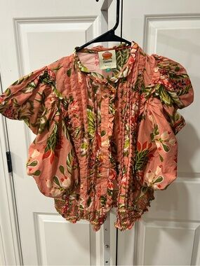 FARM Rio Coral Pink Tropical Ruffled Puff-Sleeve Blouse